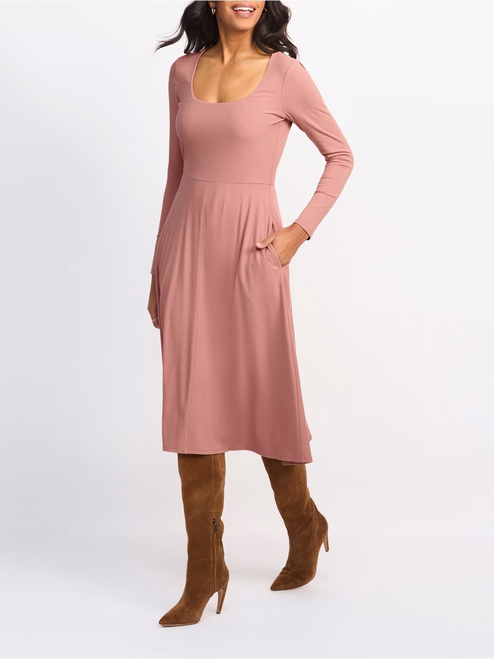 Nine Briton Long-Sleeve Scoop Neck Midi Dress in Dusty Rose